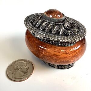 Vintage Mini Metal & Amber Color Glass Hinged Trinket Snuff Box Oval 2.25” Long